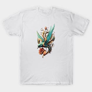 Swallow & Rose Tattoo Bird Illustration Gift For Bird Watcher Bird Lover Ornithology Wings Feathers Ornithologist T-Shirt